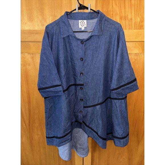 M Square By Neetu Malik Shirt Jacket 2X Button Cotton Blue Asymmetrical Hem Trim - Picture 2 of 8